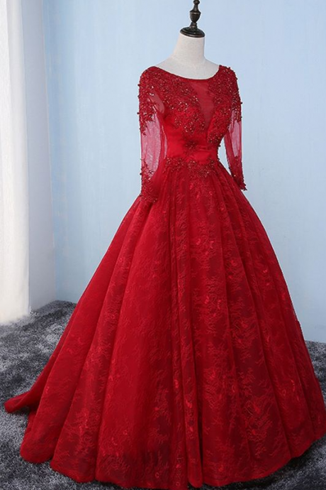A Line Long Sleeve Red Lace Evening Dress