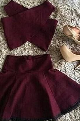 Two Piece Short Burgundy ,mini Cross Design Skirt For Teens