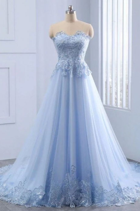 Light Blue Sweetheart Lace Applique Long Prom Dresses