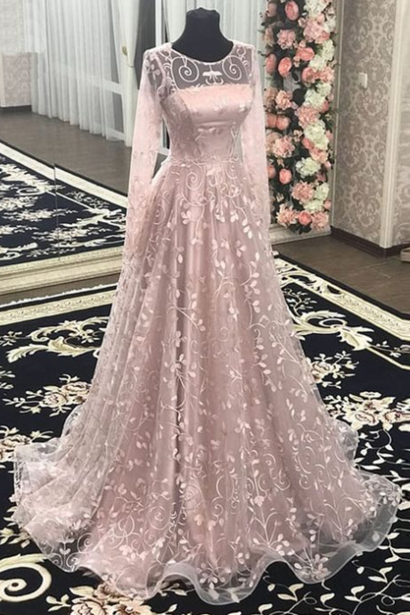 Long Sleeve Pink Floral Lace Long A Line Formal Prom Dresses