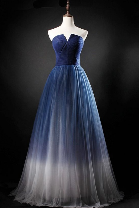 Strapless Navy Blue Tulle Long A Line Prom Dress