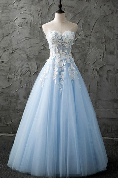 Sweetheart Blue Tulle Evening Dress With Appliques