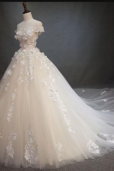 Tulle Lace Applique Long Prom Dress, Lace Wedding Dress