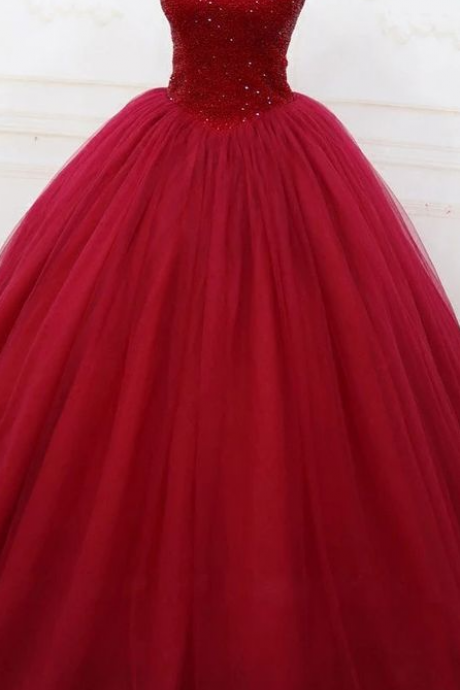 Ball Gown Burgundy Tulle Long Prom Dresses With Beading