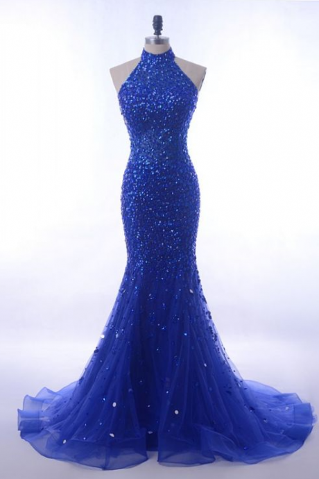 Halter Royal Blue Mermaid Prom Dresses
