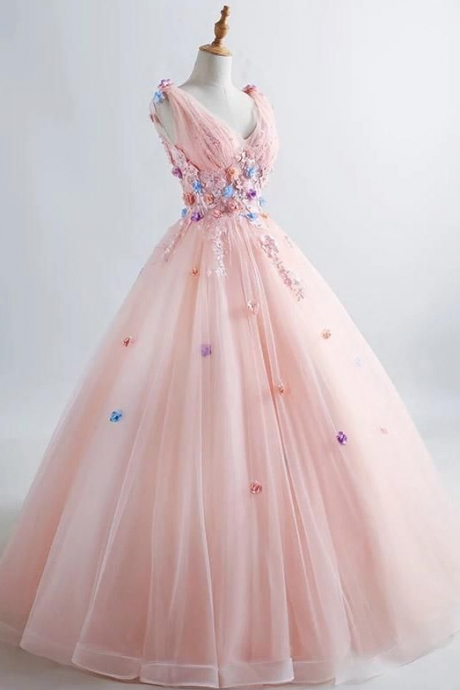 Ball Gown 3d Floral Applique V-neck Prom Dress