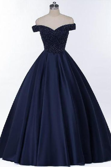 A Line Navy Blue Beaded Long Evening Prom Dresses