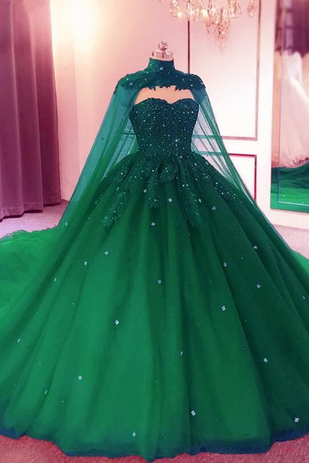 Charming Green Long Tulle Prom Dress With Beading