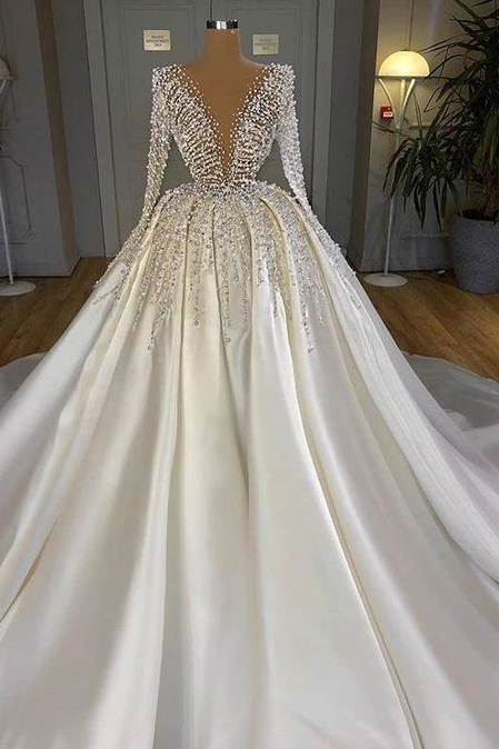 Satin Turkish Wedding Dresses Dubai Arabic Long Sleeve Bridal Gowns