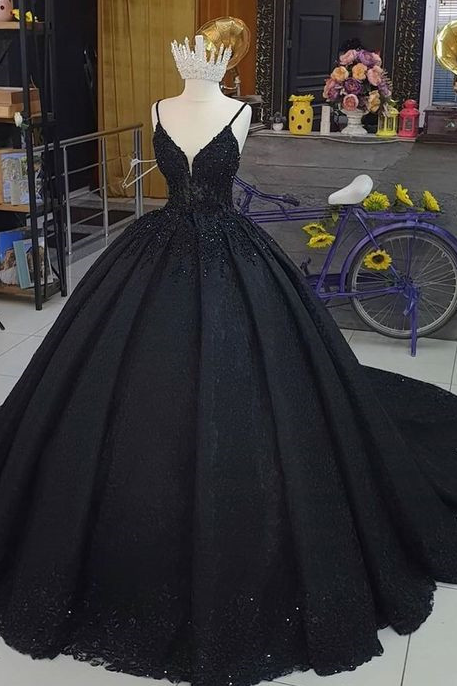 Black V Neck Ball Gown Prom Dress Long Evening Dresses