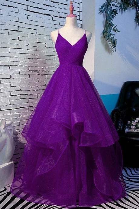Simple A-line V Neck Purple Prom Dress