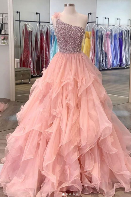 One Shoulder Beads Long Prom Dress Pink Evening Dress