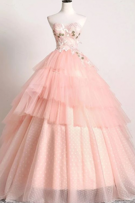 Ball Gown Long Pink Prom Dress With Lace