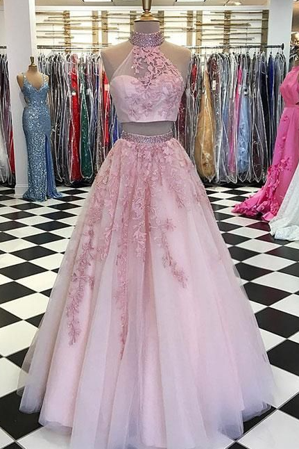 Two Pieces Pink Lace Tulle Long Prom Dress