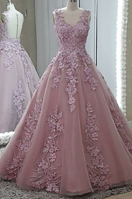 A Line Pink Tulle Appliqué Prom Dress Evening Dress