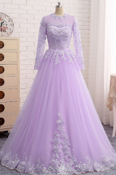 Long Sleeve Lace Appliqued A Line Women Party Gowns