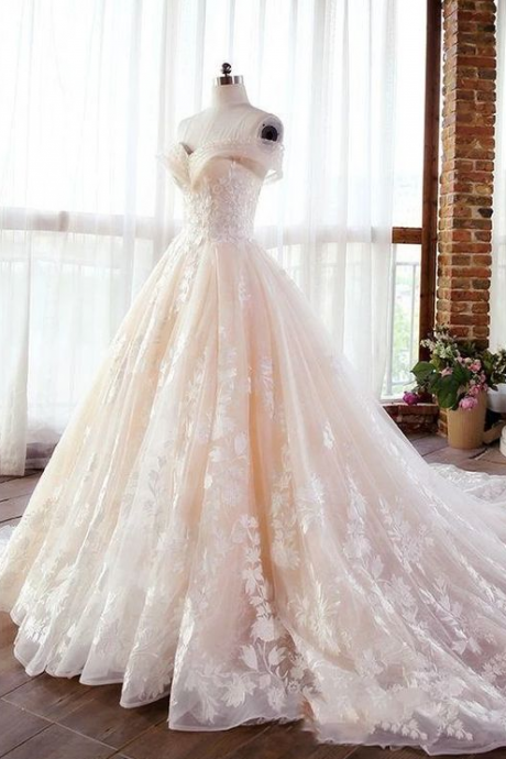 Off Shoulders Poofy Champagne Ball Gown for Wedding Puffy Wedding Dress