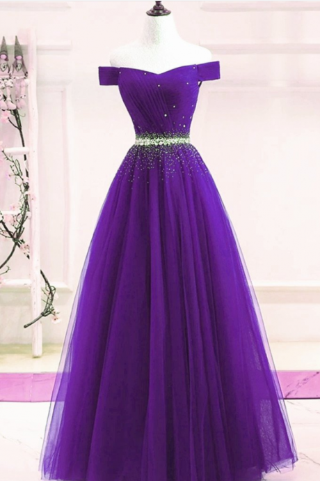 Off Shoulder Beaded Long Prom Dress, Purple Formal Dress