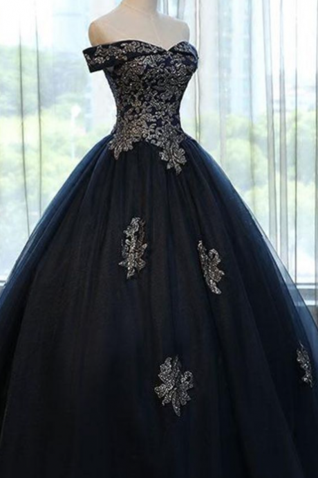 Off The Shoulder Lace Appliques Navy Blue Ball Gown Prom Dresses