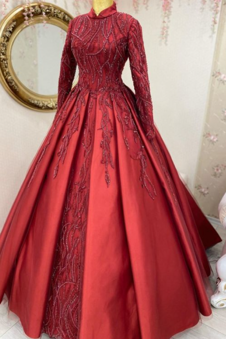 A Line Red Long Sleeve Evening Dress, Prom Dress