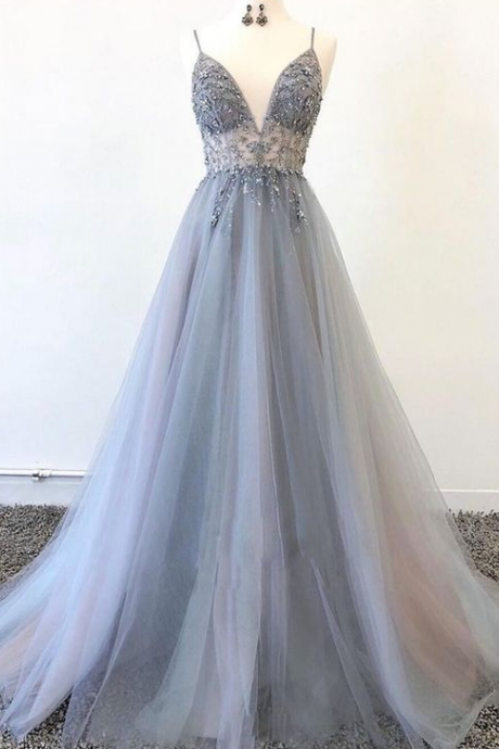 Gray Tulle Beads Long Prom Dress, Gray Tulle Beads Evening Dress
