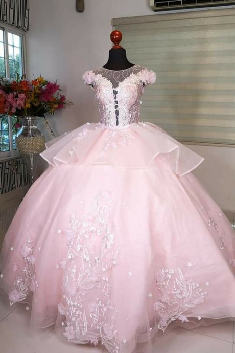 Pink Tulle Prom Dresses Lace Emroidery Floor Length