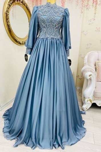 High Neck Light Blue Muslim Prom Dress Crystals Long Puffy Sleeve