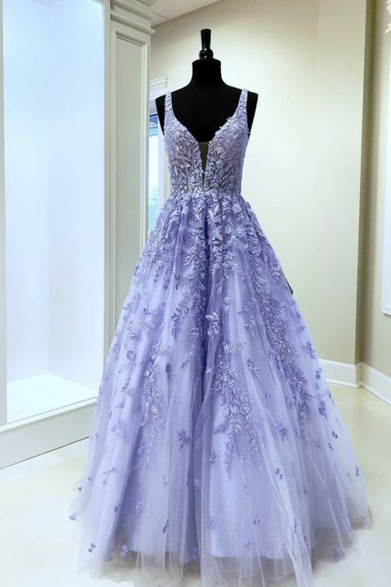 Lilac Lace V Neck Long Prom Dress Evening Dress