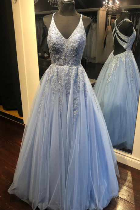 Tulle Lace Long Prom Dress Blue Evening Dress