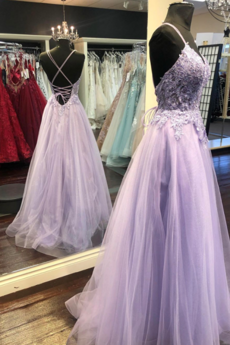 A Line Purple Lace Long Prom Dress Evening Dress