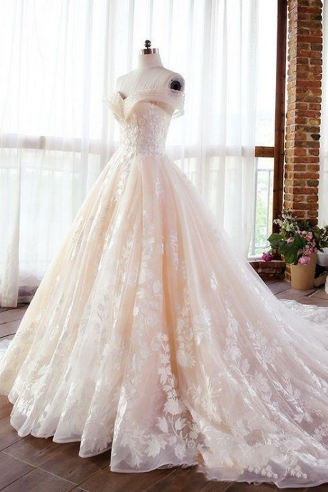  Off Shoulders Luxury Champagne LacePoofy Ball Gown for Wedding 