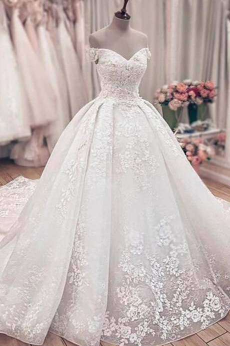 Gorgeous Off The Shoulder Lace Ball Gown Wedding Dresses Princess