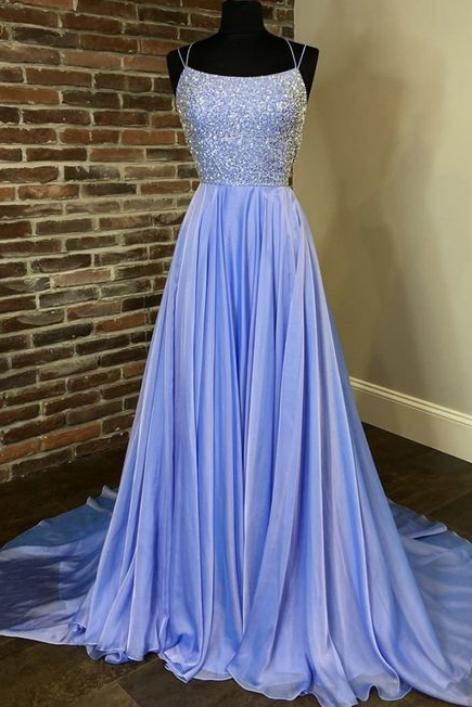 A Line Beads Long Prom Dress Blue Evening Dress