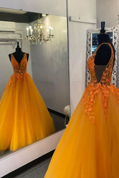 A Line Elegant V-neck Orange Prom Dress With Appliques