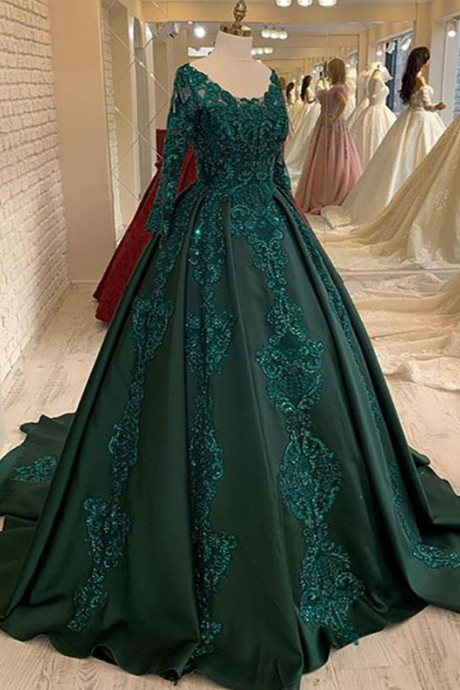 Long Sleeves Green Ball Gown Prom Dress