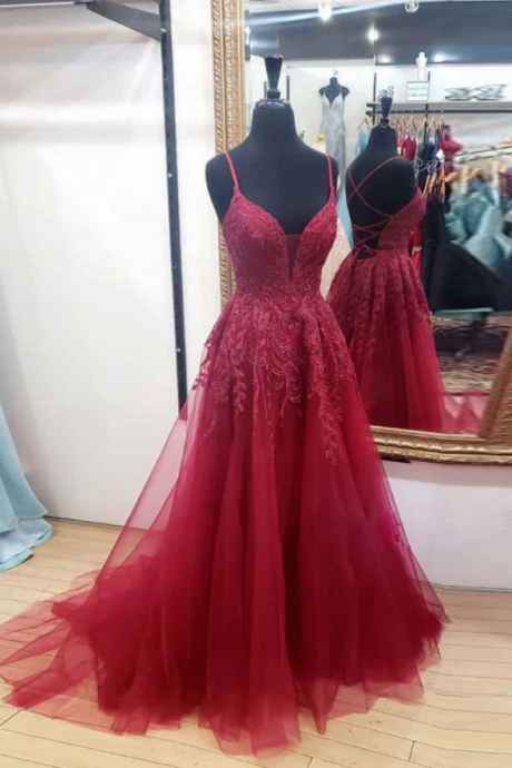 Sweetheart Tulle Burgundy Lace Long Prom Dress