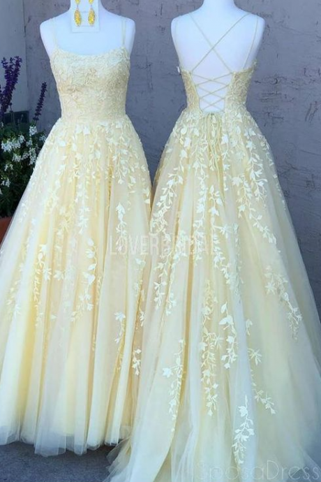 Yellow Lace Applique Evening Party Prom Dresses