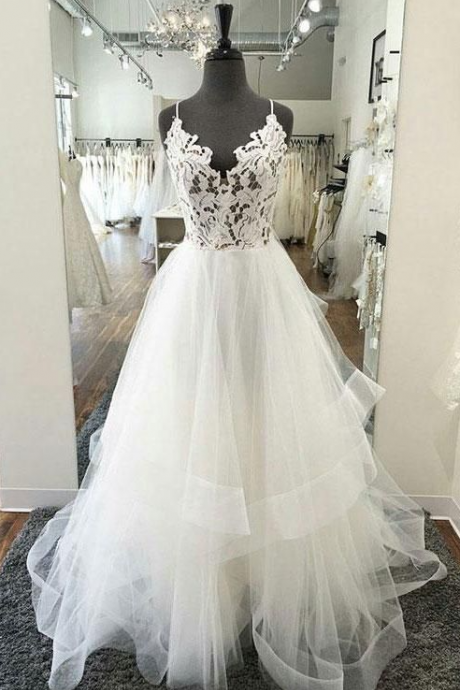 V Neck Lace Tulle Long Prom Dress, White Tulle Evening Dress