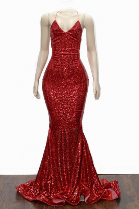 Sexy Halter Red Sequin Prom Dress