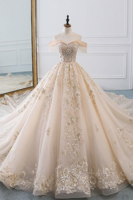 Champagne off shoulder tulle lace wedding dress