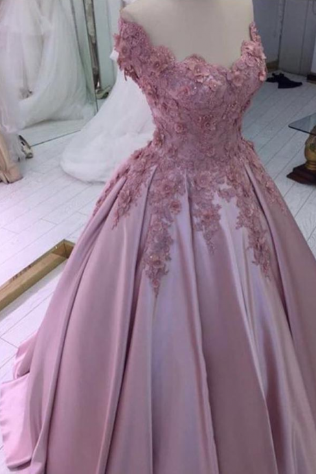 Off Shoulder Flowers Dusty Rose Ball Gown Prom Dresses