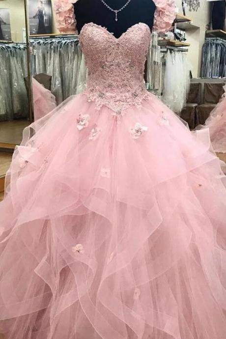 Sweetheart Tulle Long Prom Gown, Pink Sweet 16 Dress