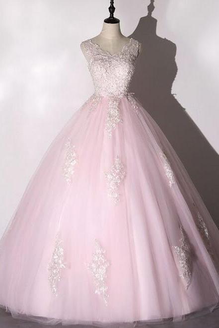 Beauty Pink Tulle Lace Long Ball Gown Dress Formal Dress
