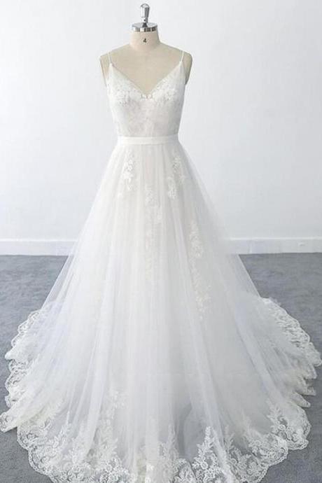 V Neck Tulle A-line Wedding Dress