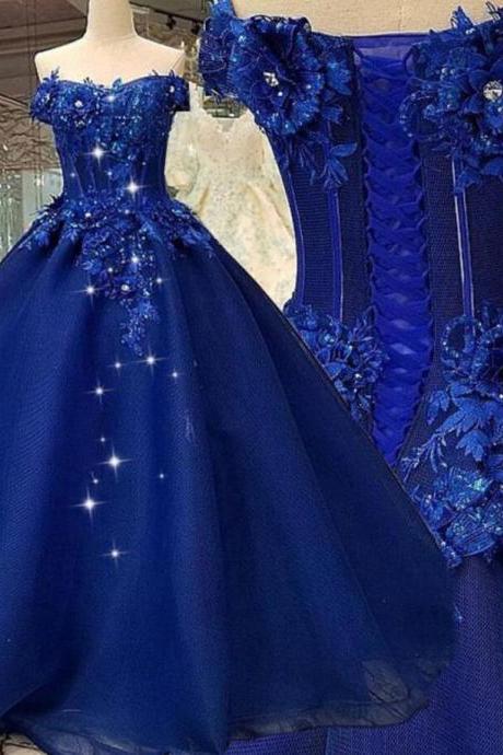 Off The Shoulder Ball Gown Royal Blue Prom Dress