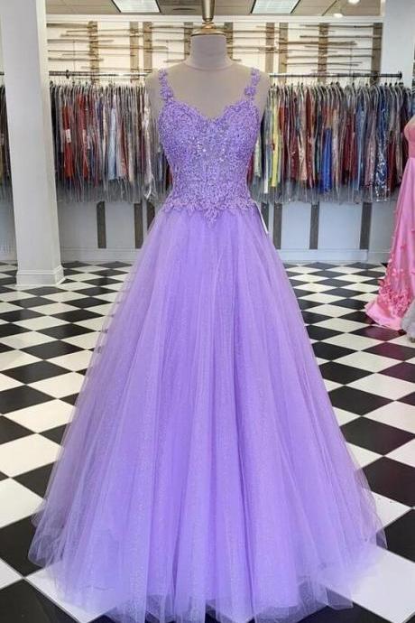 A Line Purple Lace Prom Dress