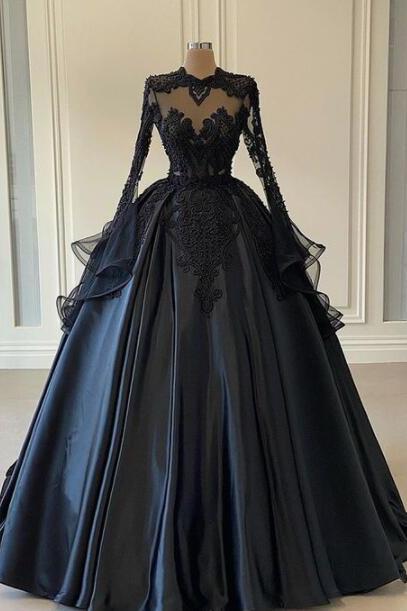 A Line Sexy Long Sleeve Black African Prom Dress