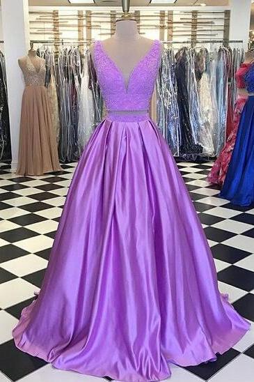 Two Piece V-neck Lilac Beaded Prom Dress