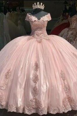 Off Shoulder Ball Gown Pink Quinceanera Dresses With Lace Appliques