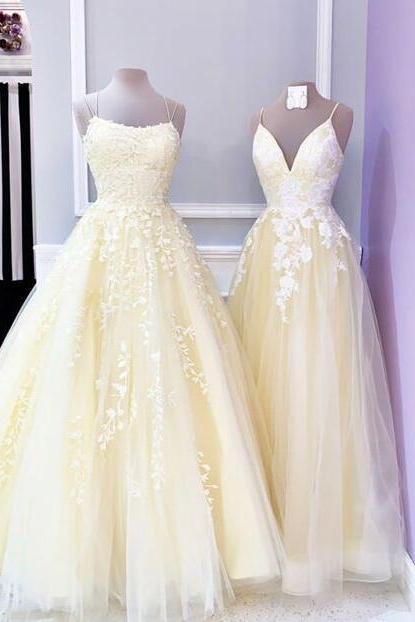 Yellow Tulle Long Prom Dress With Lace